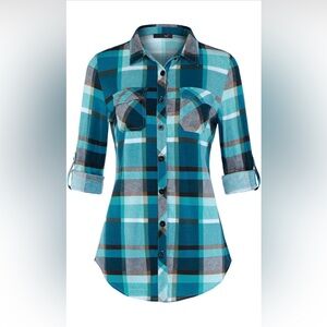 Soft Stretchy Knit Plaid Shirt Roll Up Long Sleeve Collared Button Down Blouse